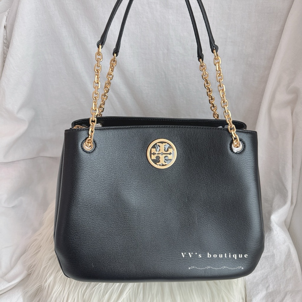 NWT Tory Burch Grace Chain Tote Shoulder Bag Calf Leather Black Gold 80265 RARE